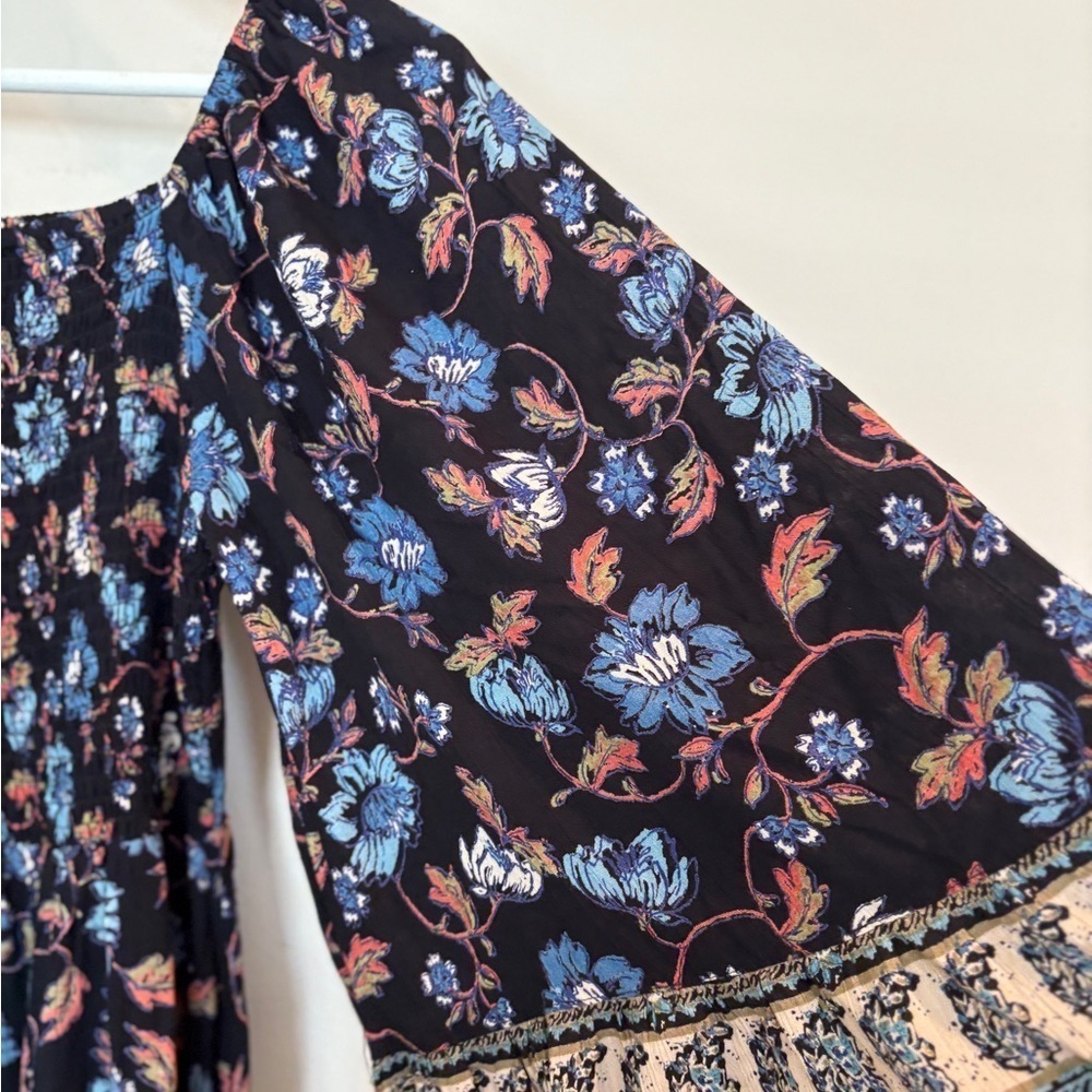 Angie Floral Flare Sleeve Blue Ruffle Smocked Boho Cottagecore Dress  Size M - Picture 8 of 16